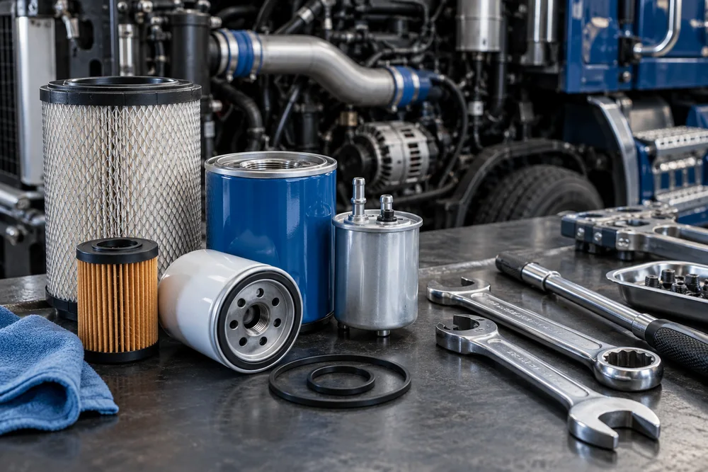Diesel maintenance filters and tools, illustrative image