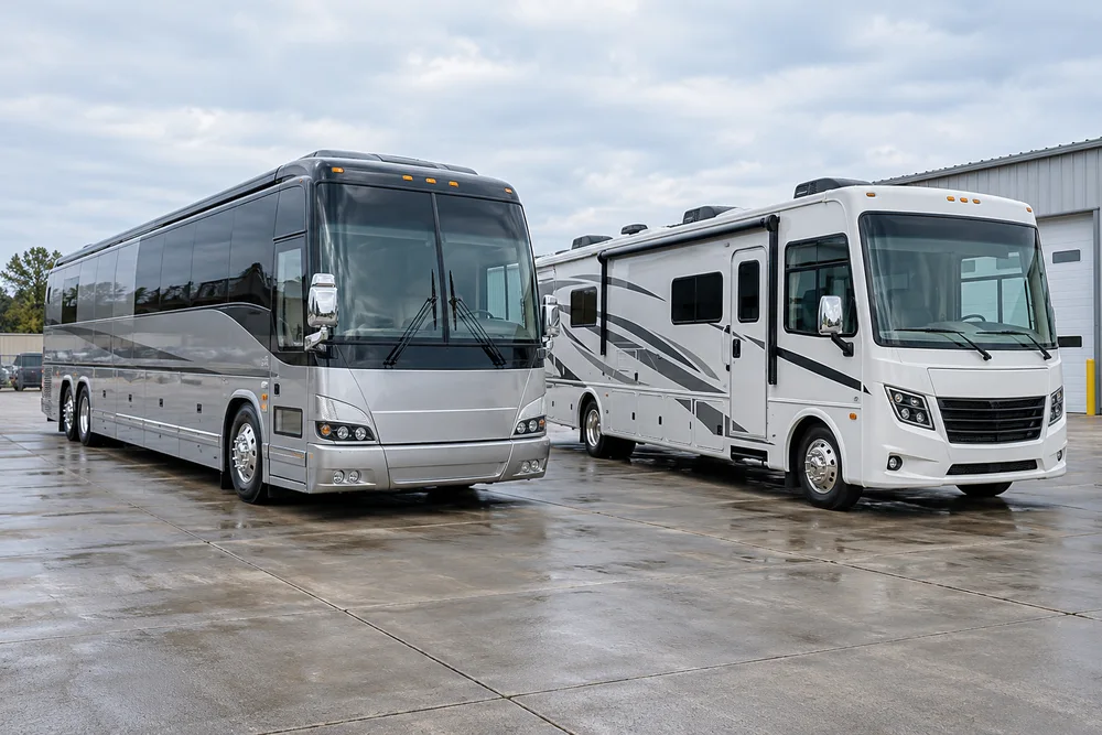 Motorcoach bus and motorhome in a service lot, illustrative image