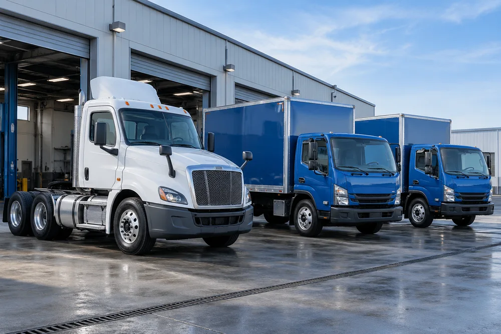 Commercial trucks arranged for fleet maintenance, illustrative image