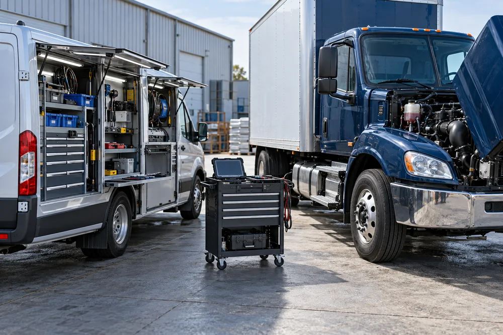 Mobile service equipment beside a parked truck, illustrative image