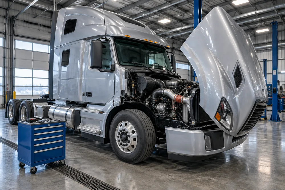 Semi truck with hood open for service, illustrative image