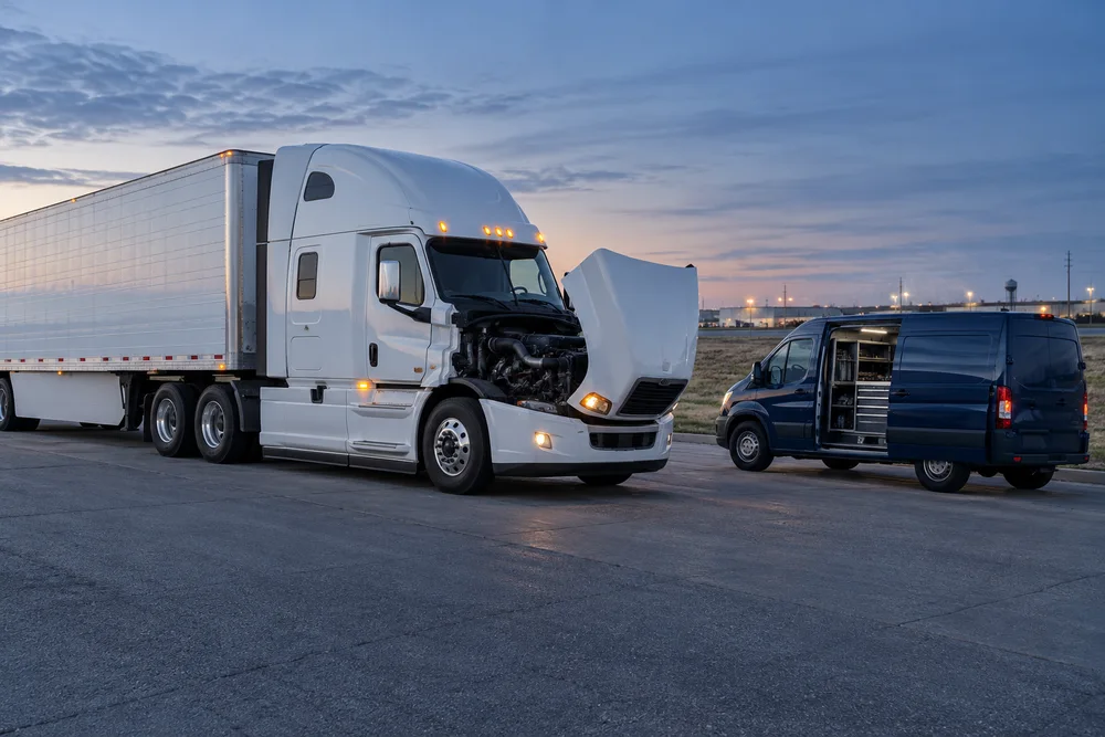 Semi truck and service van in a paved roadside layby, illustrative image