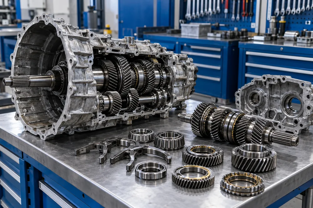 Truck transmission and gears on a workbench, illustrative image